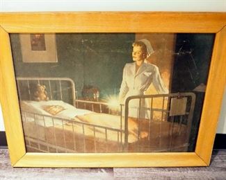 Early 1900s Andrew Lewis Framed Canvas Print Of Nurse At Childs Bedside, 27" x 36"