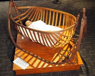 Antique Bent Wood Slave Field Cradle With Iron Wheels, 29" x 46" x 27", Baby Doll Prop Included
