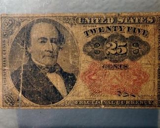 Civil War Quinine Flask Stamped " Dr. W. W. Adkin , Ord. Dept., C.S.A. Quinine No 7", 5.5" Tall And 1874 25 Cent U S Note