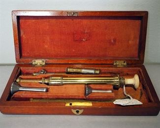 Antique Brass Enema Set In Felt Lined Storage Box, Circa 1860