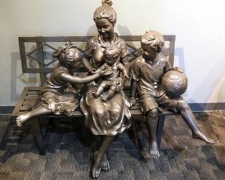 Mother With Children On Park Bench Garden Sculpture, 40" x 43" x 47", Bench Is Metal, Sculpture Is Made Of Fiberglass