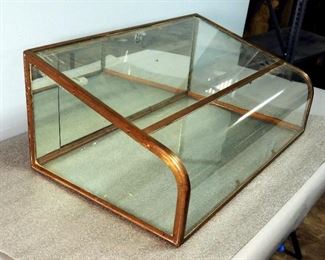 Antique Curved Glass Counter Top Locking Display Cabinet, Believed To Be Trimmed In Brass, 12" x 30" x 18", Includes Keys