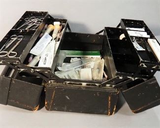 Antique Leather Tackle Box Style Doctors Bag, 8" x 16" x 8.5", Including Scalpel, Bandaging Supplies, & More