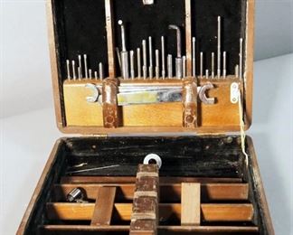 Early 1900 Ideal Mfg. Co Bone Setting Instruments In Wood Dovetailed Storage Case, 10.5" x 12" x 4.5"