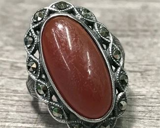 Sterling silver vintage Marcasite sparkle red oblong stone ring size 4.5 $35