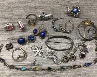 925 Sterling silver mixed jewelry lot with multi colored earrings pins and rings weight 63.6 grams $80