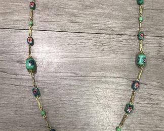 Vintage green millefiori glass colorful stone beaded necklace $30