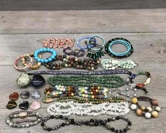 Assortments of colorful beaded necklaces and bracelets natural stone and other semi precious materials all for $80 or $10 each necklace/ bracelet/matching item
Lot NS1