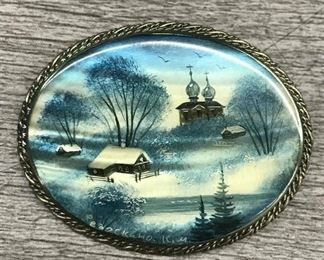 Vintage costume painted shell blue winter eastern European scenic brooches 1.75 inches $75