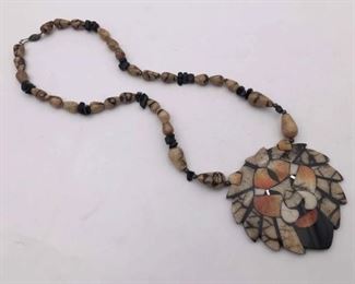 Hard stone lion shaped pendant beaded necklace sterling silver clasp $50