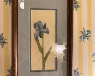 Framed and matted needlepoint iris