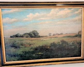 ORIGINAL ANTIQUE OIL PAINTING OF SHEEP IN FIELD