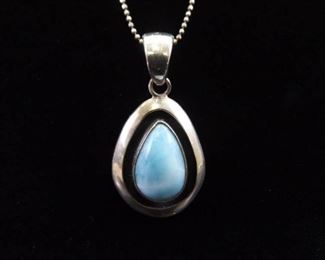 .925 Sterling Silver Larimar Cabochon Pendant Necklace
