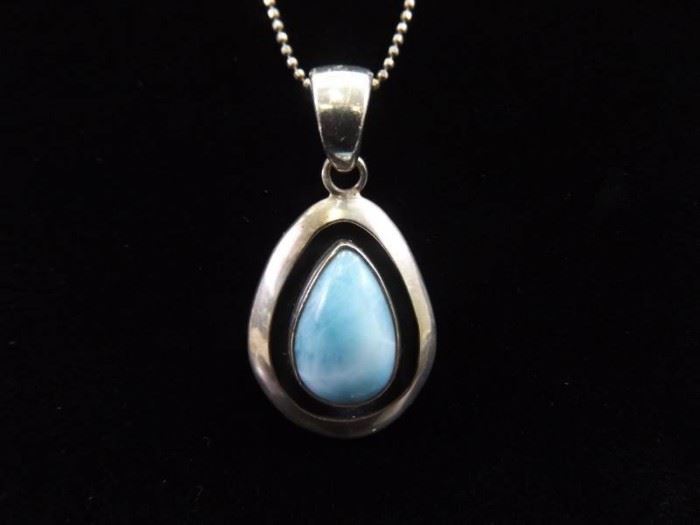 .925 Sterling Silver Larimar Cabochon Pendant Necklace

