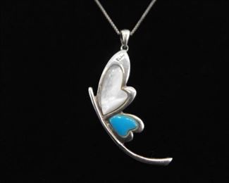 .925 Sterling Silver Signed Turquoise and Mother of Pearl Butterfly Pendant Necklace
