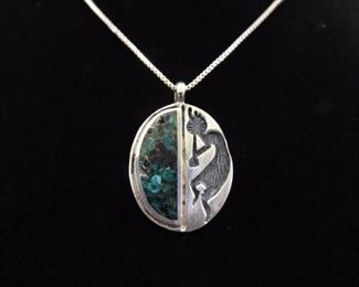 .925 Sterling Silver Inlayed Turquoise Kokopelli Pendant Necklace
