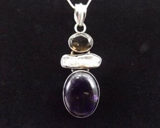 .925 Sterling Silver Amethyst Cabochon, Mother of Pearl, Smokey Quartz Statuette Pendant Necklace
