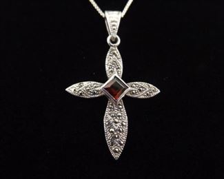 .925 Sterling Silver Art Nouveau Square Cut Garnet Cross Pendant Necklace
