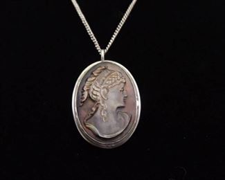 .800 Sterling Silver Carved Shell Cameo Pendant Necklace

