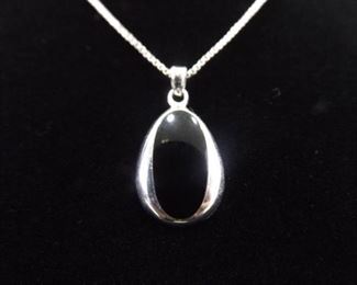 .925 Sterling Silver Inlayed Black Onyx Pendant Necklace
