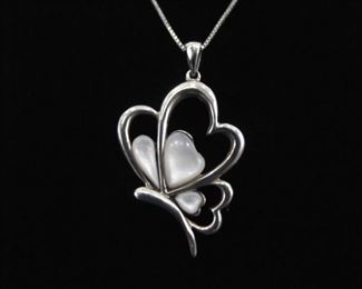 .925 Sterling Silver Mother of Pearl Butterfly Heart Pendant Necklace
