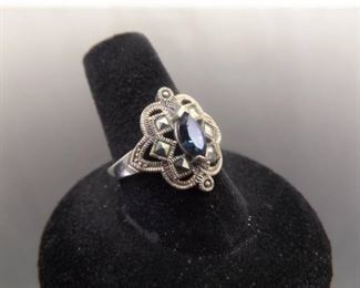 .925 Sterling Silver Art Nouveau Sapphire Crystal Ring Size 8.75
