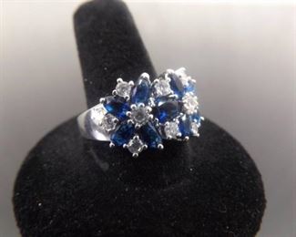 .925 Sterling Silver Sapphire Crystal Flower Ring Size 10
