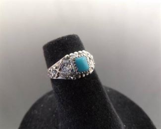 .925 Sterling Silver Navajo Sleeping Beauty Turquoise Square Cabochon Ring Size 4
