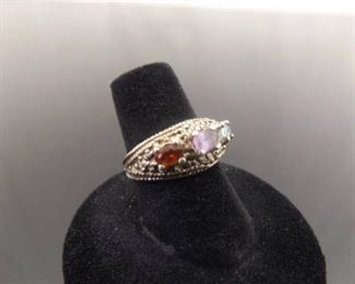.925 Sterling Silver Garnet, Amethyst, and Topaz Ring Size 6.75
