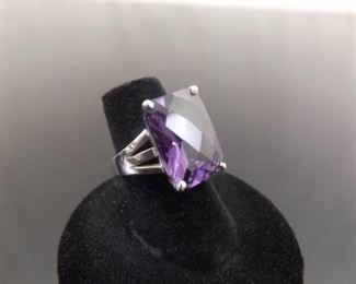 .925 Sterling Silver Amethyst Crystal Cocktail Ring Size 6
