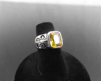 .925 Sterling Silver Square Cut Citrine Scrolled Ring Size 5.5
