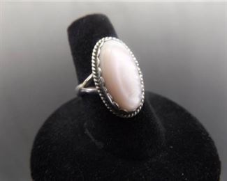 .925 Sterling Silver Pink Mother of Pearl Marquise Cabochon Ring Size 7
