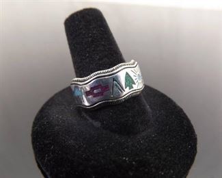 .925 Sterling Silver Multiple Inlayed Navajo Stones Ring Size 10
