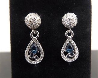 .925 Sterling Silver Sapphire Crystal Dangle Post Earrings
