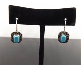 .925 Sterling Silver Art Nouveau Sleeping Beauty Turquoise Hook Earrings
