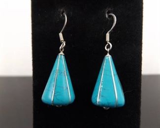 .925 Sterling Silver Howlite Turquoise Dangle Hook Earrings
