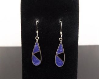 .925 Sterling Silver Inlayed Purple Stone and Onyx Earrings
