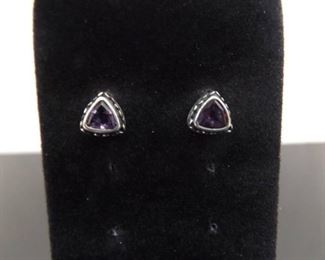 .925 Sterling Silver Triangle Cut Amethyst Post Earrings

