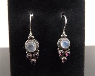 .925 Sterling Silver Garnet and Moonstone Hook Earrings

