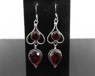 .925 Sterling Silver Garnet Crystal Dangle Hook Earrings
