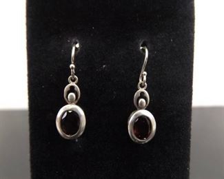 .925 Sterling Silver Oval Cut Garnet Dangle Hook Earrings
