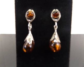 .925 Sterling Silver Amber Dangle Post Earrings
