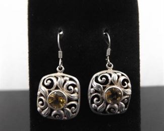 .925 Sterling Silver Faceted Citrine Scrolled Dangle Hook Earrings
