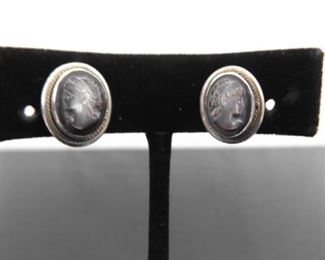 .800 Sterling Silver Carved Shell Cameo Screw Back Earrings
