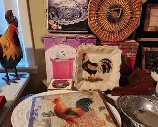 Rooster decor, platter, woven basket & ice cream maker nib 
