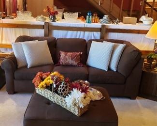 Chocolate sofa w/extra cushions, ottoman w/storage, pillows, side tables, lamps
