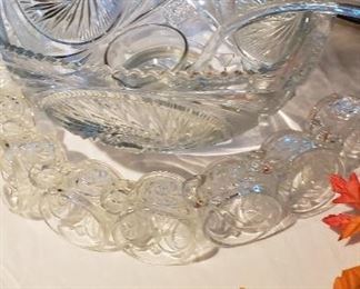 Crystal punch bowl, cups, ladel