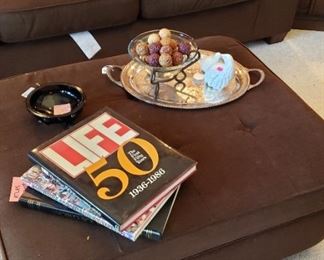 chocolate ottoman w/storage, coffee table books, decor
