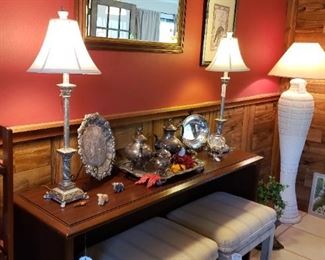 Lamps, stools, silverplate, table