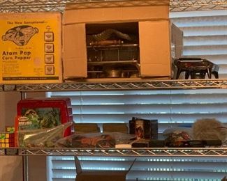 Mid-century and collectible items including corn popper, chafing dish, themed watches and toys